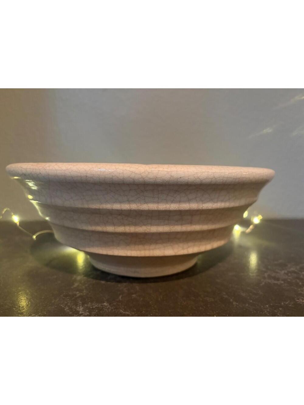 10” Antique Primitive Cream Farmhouse Bowl white crackle glaze beehive style mcm